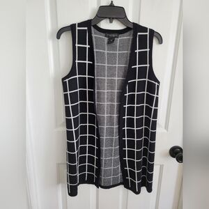 Investments Petites PS Black White Windowpane Sleeveless Open Front Cardigan